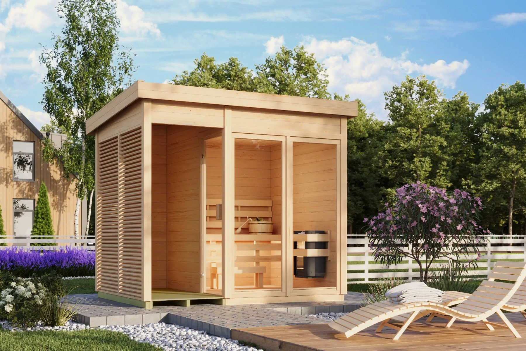 Sauna exterior em madeira HABYTA com janela panorâmica, num jardim