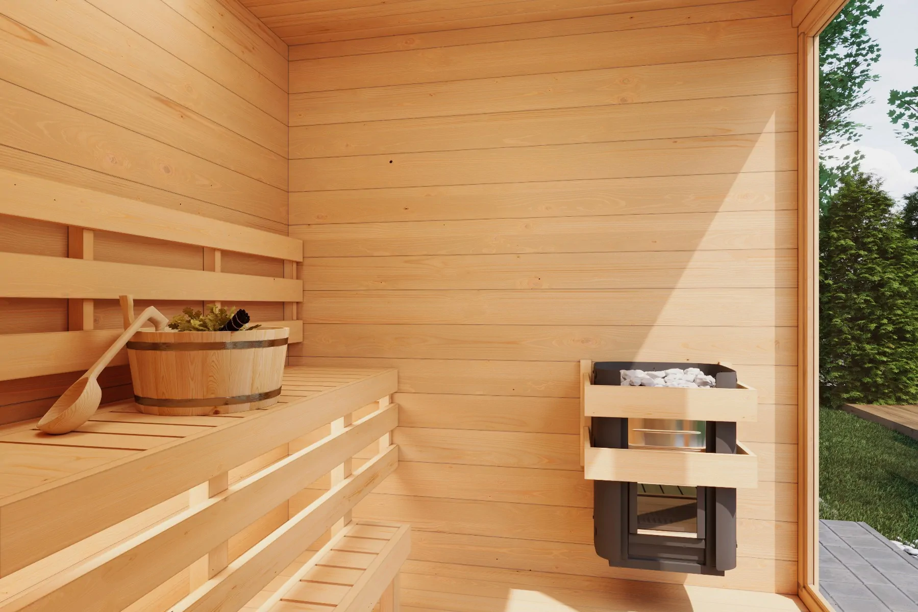 Sauna de cabina em madeira HABYTA vista de frente, com porta de vidro